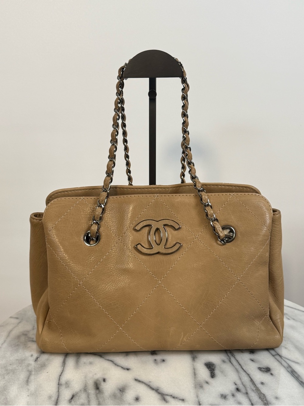 Chanel Tan Quilted Calfskin Bag w/ Three Pockets & Silver Hardware